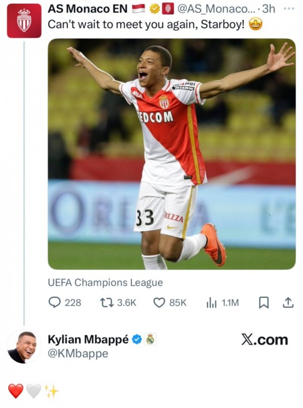 摩纳哥社媒晒姆巴佩青涩照：迫不及待想见你，后者回复：❤️🤍