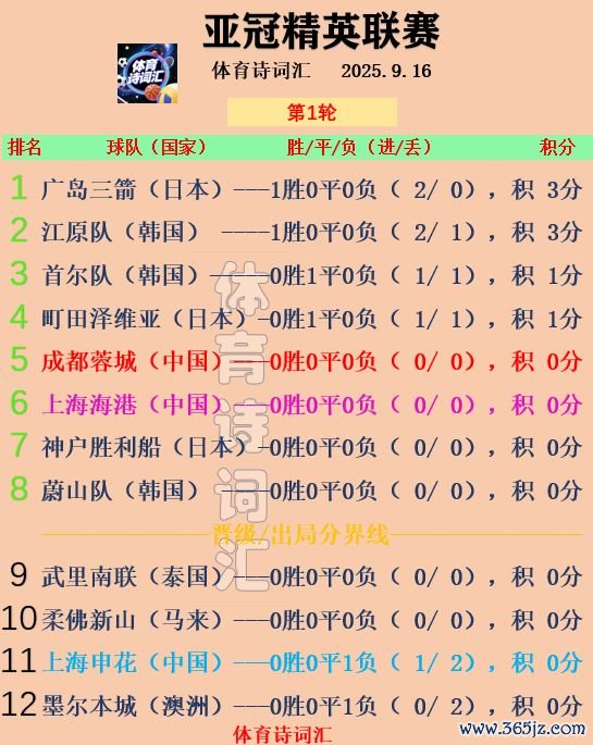 亚冠: 上海申花1-2江原, 留力中超, 广岛2-0墨尔本,